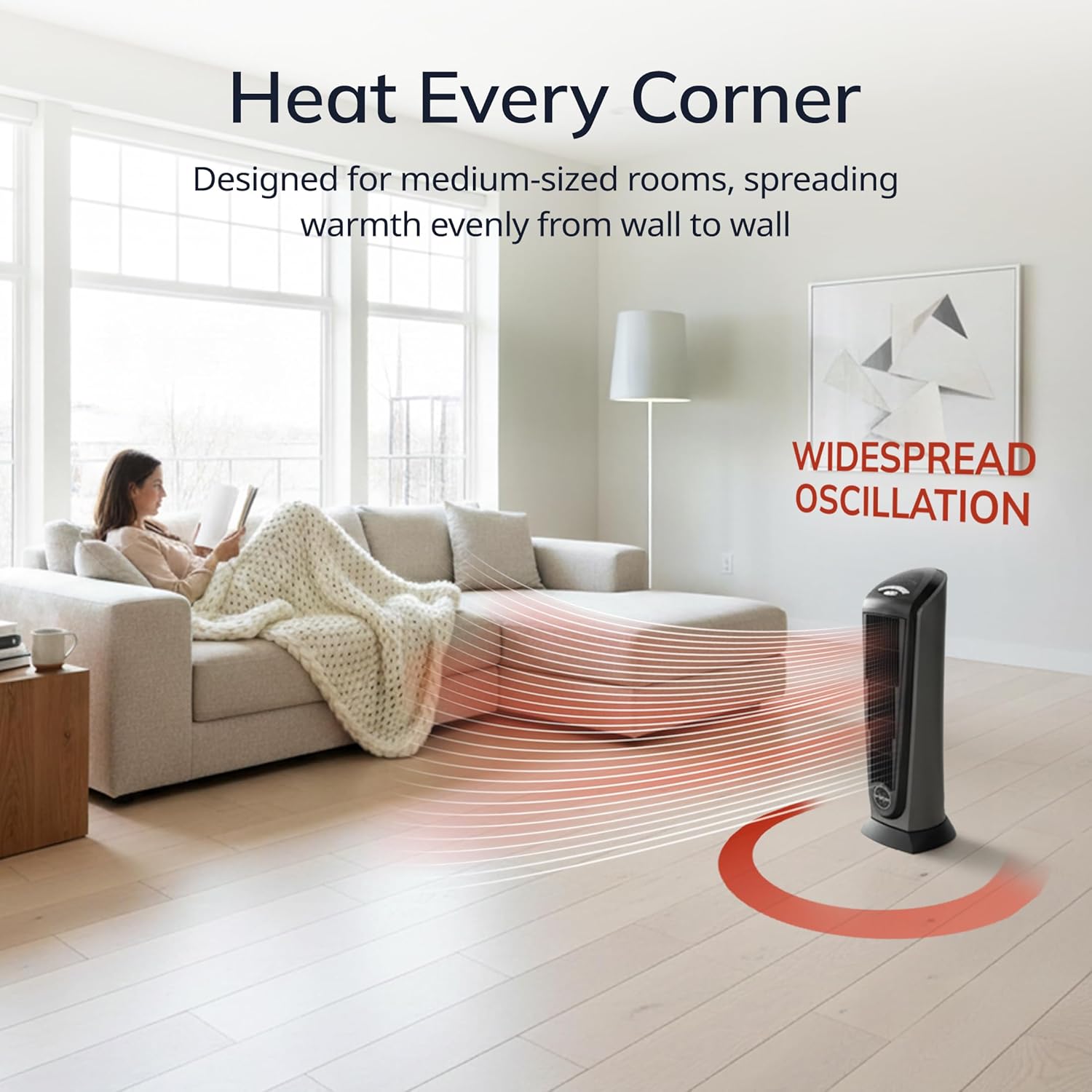 Lasko Ceramic Tower Space Heater with Remote Control, 1500W Electric Heater for Indoor Use with Adjustable Thermostat, 7-Hour Timer & Widespread Oscillation for Whole-Room Comfort, 751320