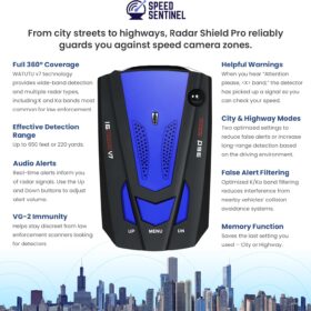 Speed Sentinel Pro 360° Radar Detector – Long-Range Police Radar Scanner with Voice Alerts, City/Highway Modes, & VG-2 Immunity