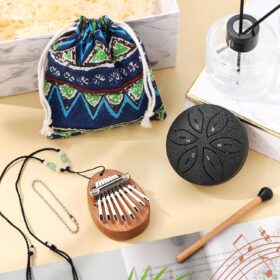 Portable Mini Instrument Gift Set – 8-Key Kalimba Thumb Piano & 6-Note Steel Tongue Drum with Stick (Black & Brown)