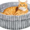Grey Fluffy Cat Donut Bed - Ultra-Soft Plush Calming Round Pet Bed for Small Dogs & Cats - Machine Washable & Anxiety Relief - 16x16 Inch