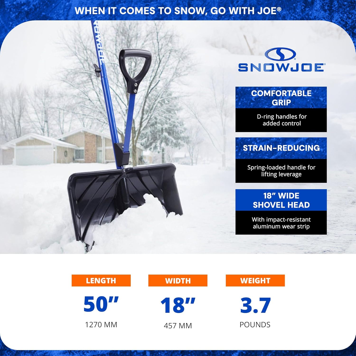 Snow Joe Shovelution 18-Inch Heavy-Duty Snow Shovel with Spring-Assist Handle, Ergonomic Back-Saving Design for Effortless Snow & Ice Removal, SJ-SHLV01