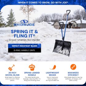Snow Joe Shovelution 20-Inch Snow Shovel with Spring-Assist Handle | Ergonomic Design Reduces Back Strain & Effort | Heavy-Duty Winter Tool for Fast Snow Removal