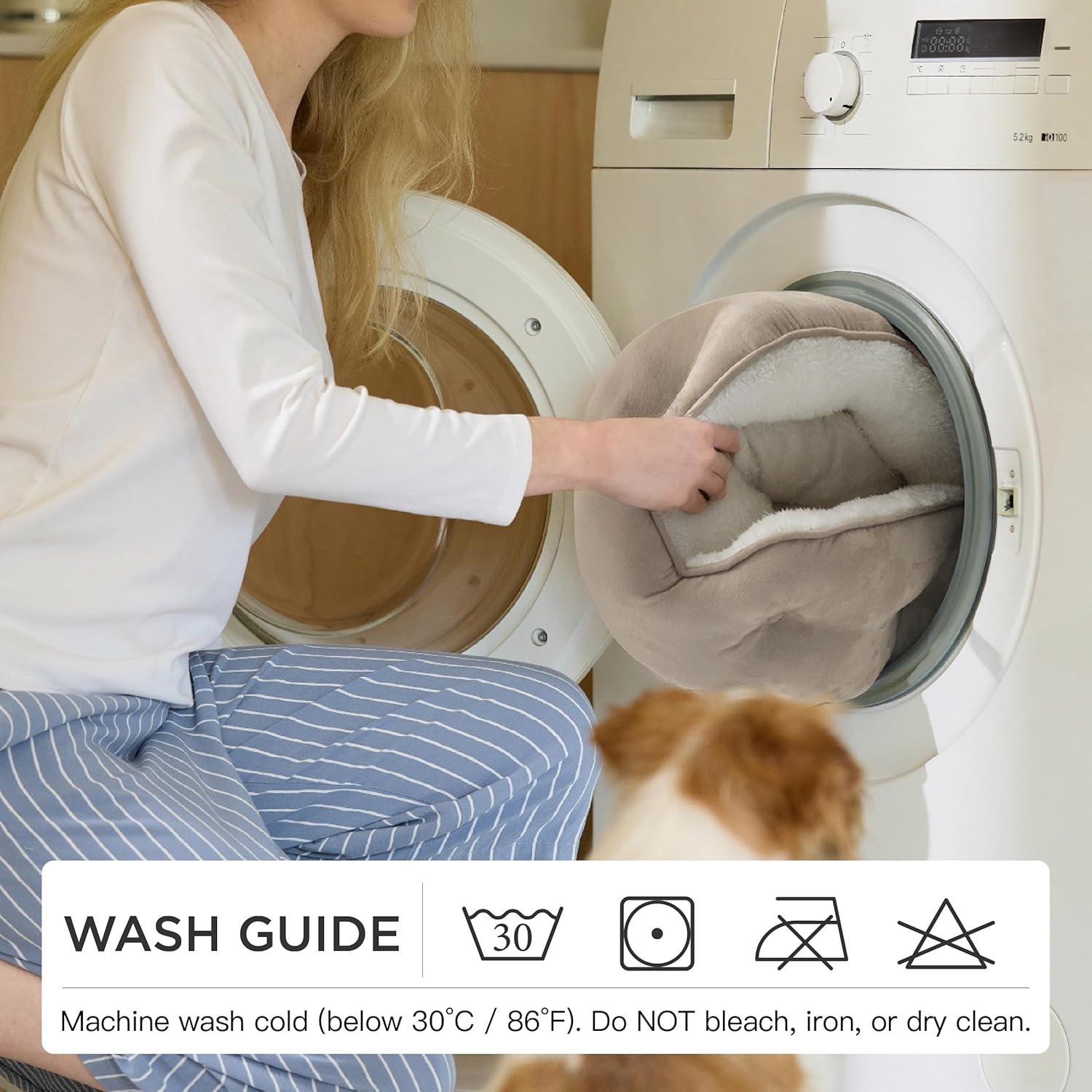 Bedsure Round Calming Dog Bed for Small Dogs & Cats - Plush Sherpa Cat Bed with Non-Slip Bottom, Machine Washable, 20", Camel