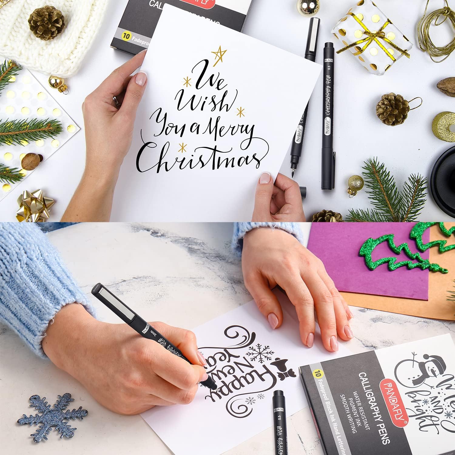 PANDAFLY 10-Piece Calligraphy Pen Set - Premium Black Ink Brush & Fine Tip Markers for Hand Lettering, Art Drawing, & Scrapbooking