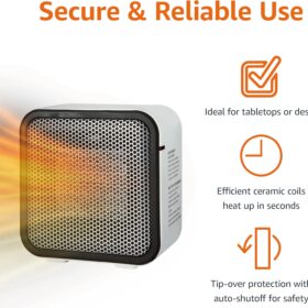 Amazon Basics 500W Personal Ceramic Space Heater, Compact Desktop Heater with Tip-Over Protection for Office, Dorm Room & Indoor Use, Lightweight & Portable, White
