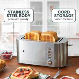 Elite Gourmet ECT4123X Long Slot 4 Slice Toaster – Extra Wide 1.5 Inch Slots, 6 Shade Settings, Stainless Steel