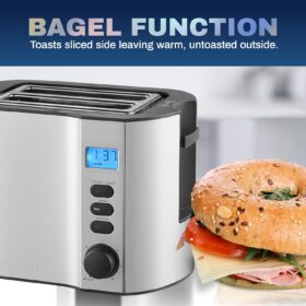 Elite Gourmet ECT2145 Stainless Steel Toaster, Extra Wide Slots for Bagels & Artisan Bread with Warming Rack, 6 Shade Settings & Cancel Function