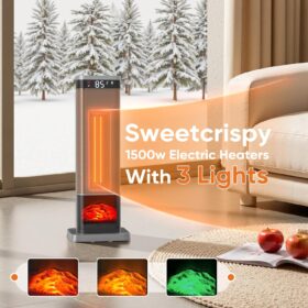 Sweetcrispy 1500W Ceramic Tower Heater with Remote, 60° Oscillation & 12H Timer | Indoor Electric Space Heater with Thermostat & 3 Light Modes | Quiet & Safe for Office, Bedroom, Living Room (Silver)