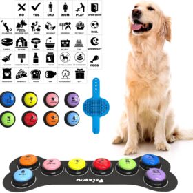 8-Pack Dog Communication Buttons with Bonus Grooming Brush – Recordable Voice Training Tools for Pets – Color-Coded, Durable, and Portable