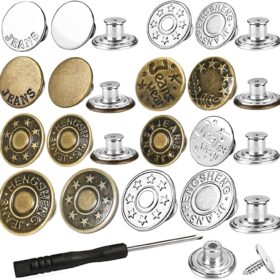 Jean Button Kit – 32-Piece No-Sew Metal Rivets, Screw Back Fasteners & Mini Screwdriver for Denim Repair (17mm & 20mm)