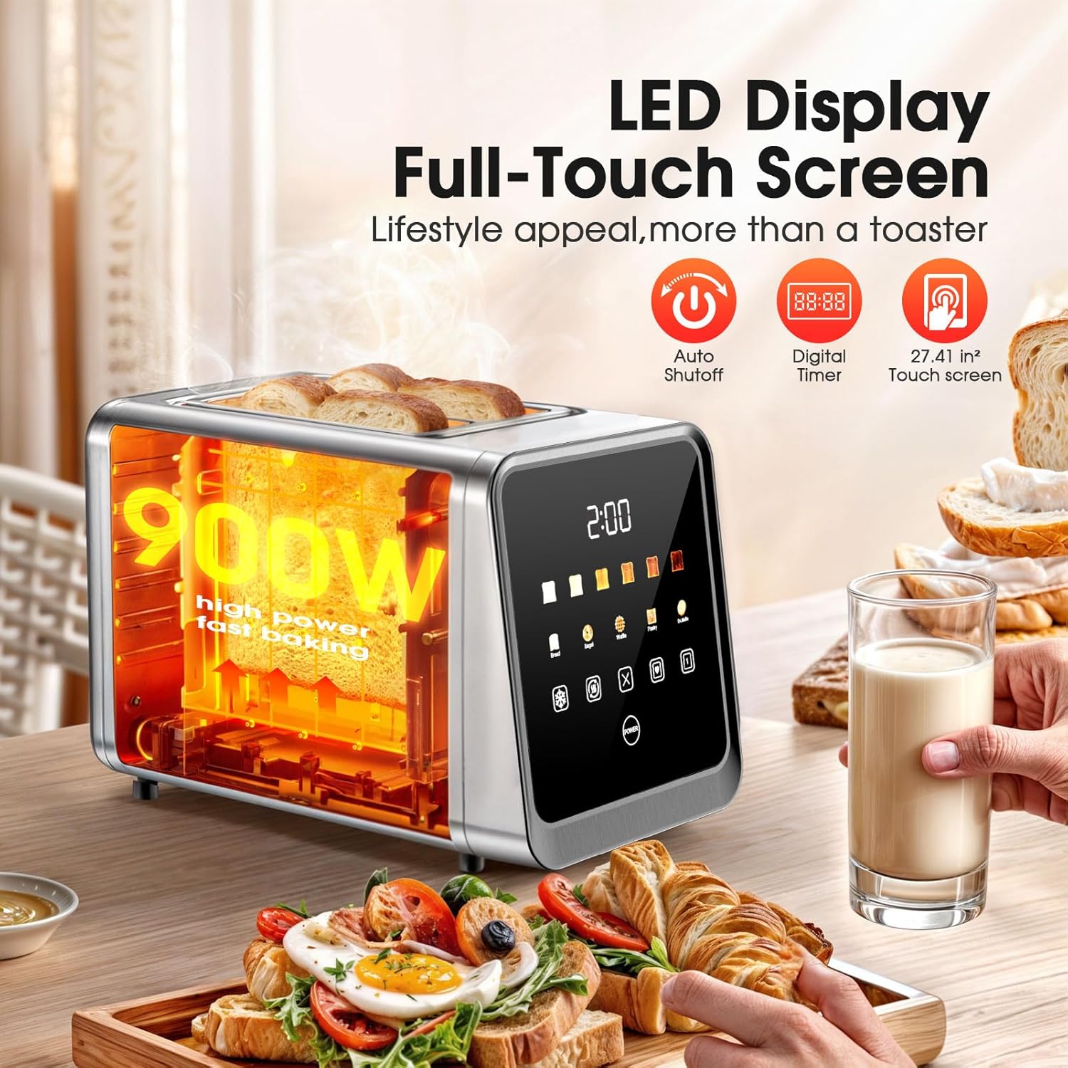 Smart Digital Touchscreen Toaster – 2-Slice Stainless Steel with 1.5” Wide Slots, 900W, and Memory Recall