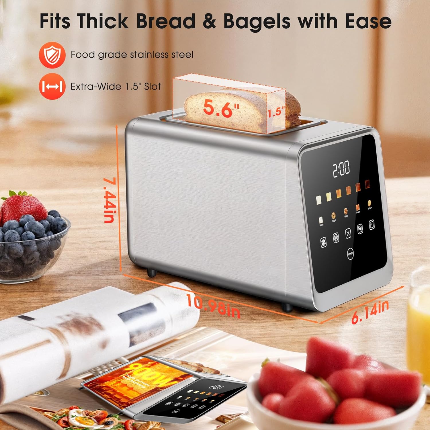 Smart Digital Touchscreen Toaster – 2-Slice Stainless Steel with 1.5” Wide Slots, 900W, and Memory Recall