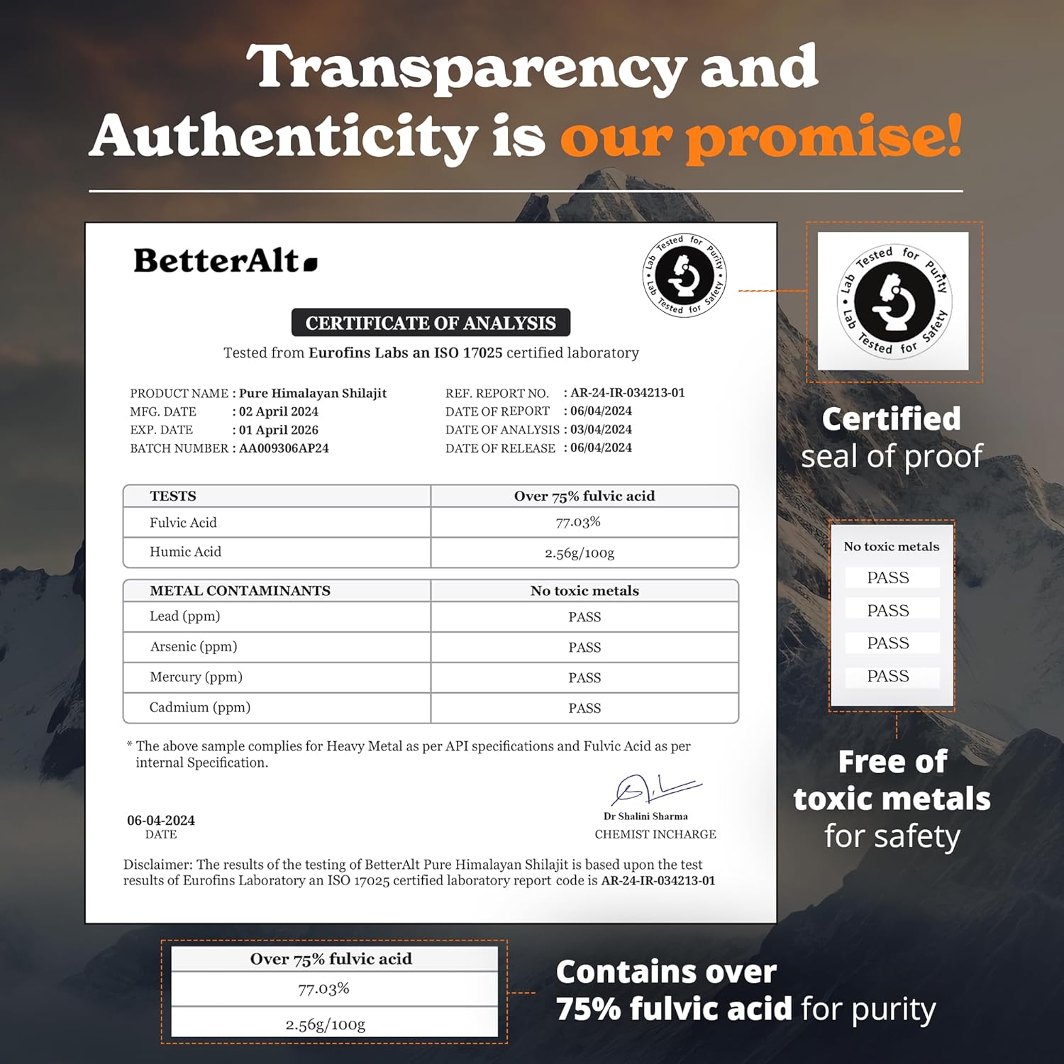 Better Alt Pure Himalayan Shilajit Resin | 75% Fulvic Acid | High Potency Gold Grade Resin for Energy, Vitality & Immune Support | 85+ Trace Minerals | 400mg, 75 Servings with Lab Report