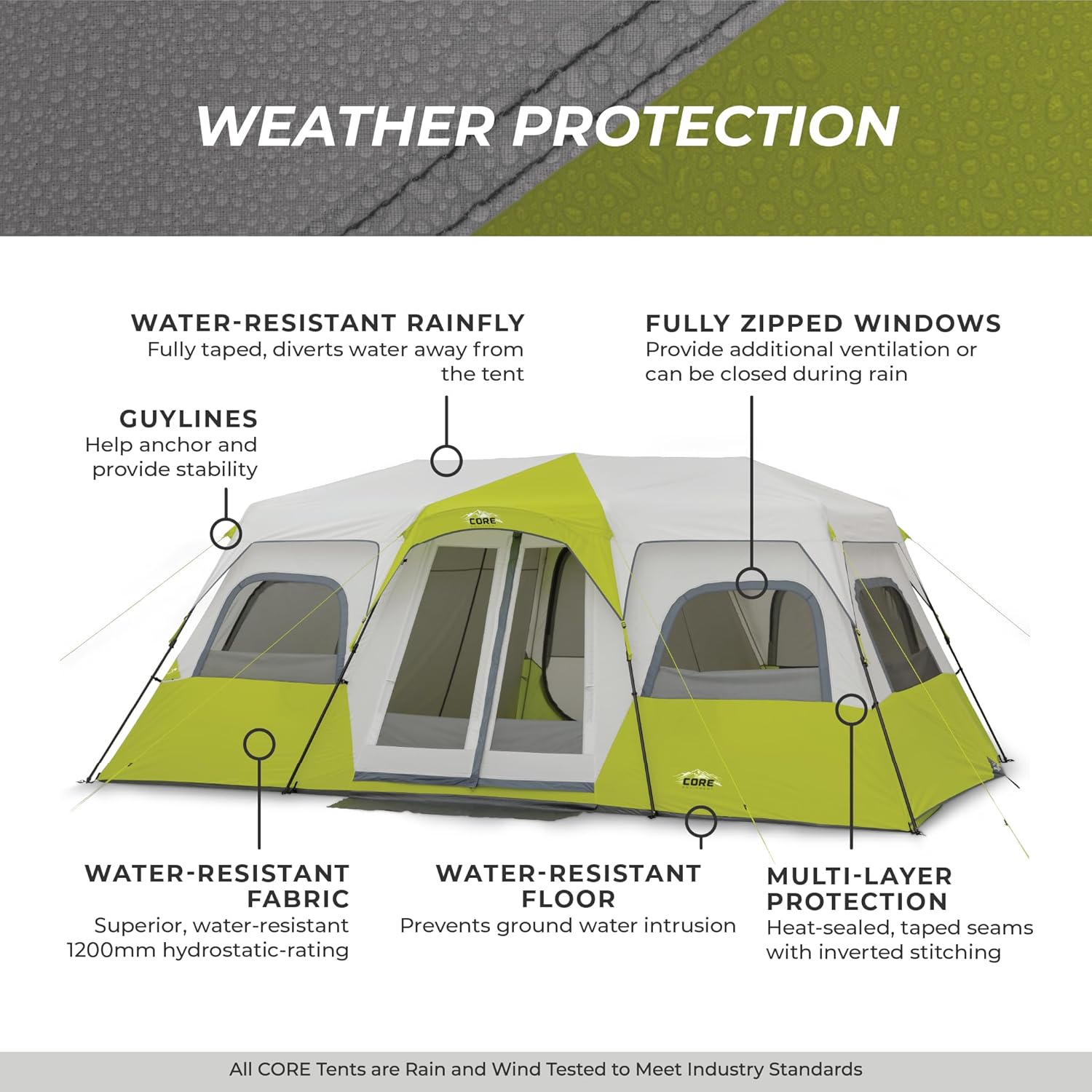 CORE 12-Person Instant Cabin Tent | 3-Room Family Camping Shelter with Pre-Attached Poles & Weather Protection