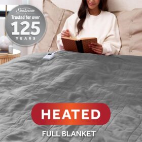 Sunbeam Royal Luxe Heated Blanket in Microplush | 12-Hour Auto-Off & 12 Heat Settings | Fast-Warming, Machine Washable Electric Throw for Full-Size Beds, Dove Gray