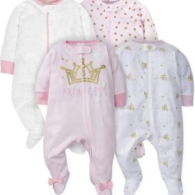 Gerber Baby Girls 4 Pack Sleep 'n Play Footie Pajamas – 100% Cotton Zipper Sleepers