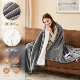 Homemate Luxury Flannel Sherpa Heated Blanket - ETL Certified 50x60 Electric Throw with 10 Heat Settings & Auto-Off