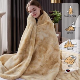 Guohaoi Heated Blanket - 50x60 Inch Faux Rabbit Fur Electric Throw with 10 Heat Levels, 5 Timer Auto Off, Machine Washable Cozy Warming Throw for Couch, Bed, Office (Beige)