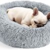 Hoewina Calming Donut Dog & Cat Bed - 20in Round Fluffy Pet Bed for Small to Medium Dogs & Cats - Anti-Anxiety, Washable, Self-Warming Fur Nest in Light Grey