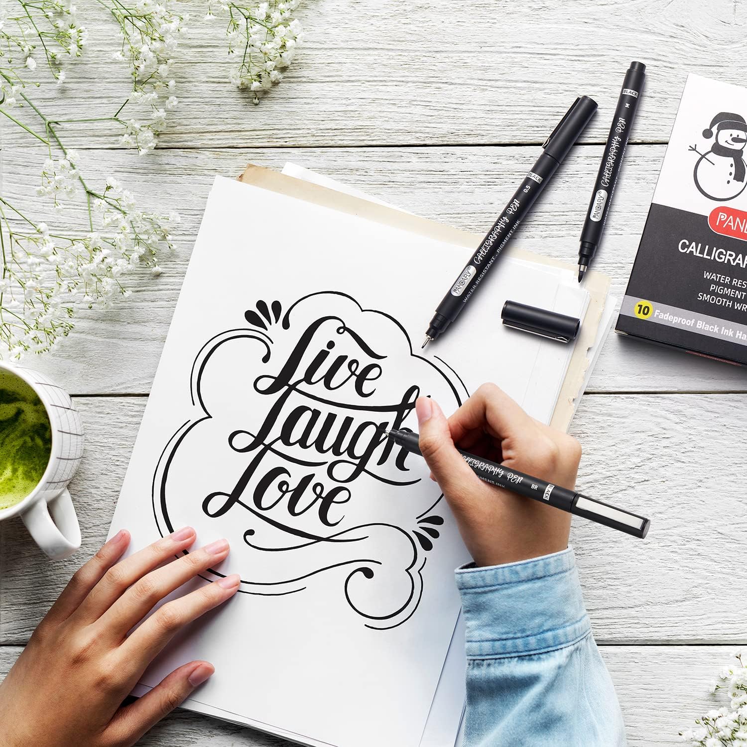 PANDAFLY 10-Piece Calligraphy Pen Set - Premium Black Ink Brush & Fine Tip Markers for Hand Lettering, Art Drawing, & Scrapbooking