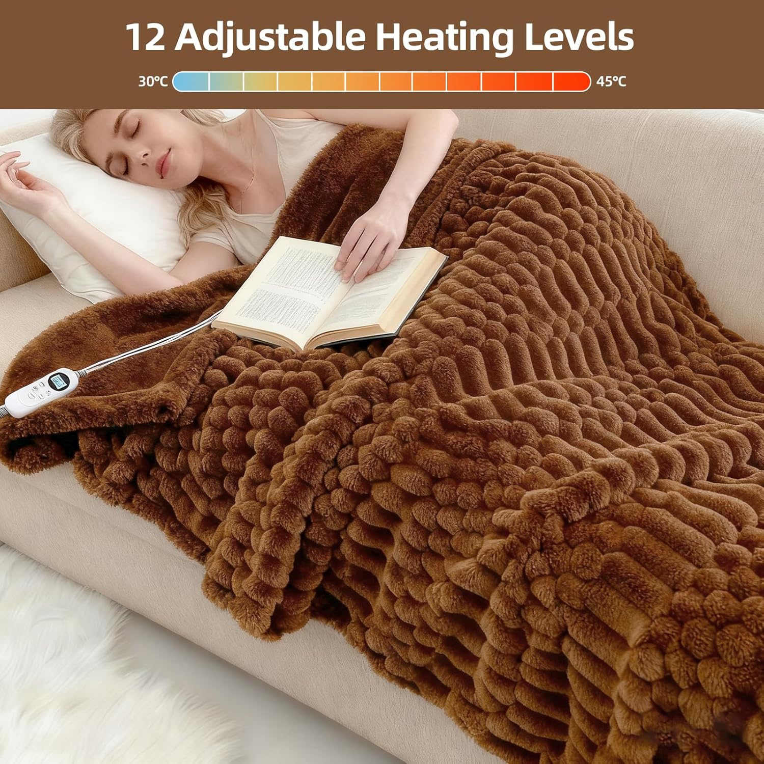 Luxury Flannel Heated Blanket Throw - 50x60 Inch Electric Blanket with 12 Heat Levels, 1-12 Hour Auto-Off Timer, ETL & FCC Certified, Machine Washable Soft Heating Throw for Home Office Couch