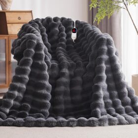 Cozy Faux Rabbit Fur Heated Blanket Throw - 10 Heat Settings, 1-8 Hour Auto-Off & Advanced Overheat Protection - Luxuriously Soft 50"x60" Electric Blanket for Couch and Bed (Dark Grey)