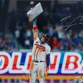 Ronald Acuña Jr. Autographed Atlanta Braves 16x20 Photo - Holding Base - MLB Hologram