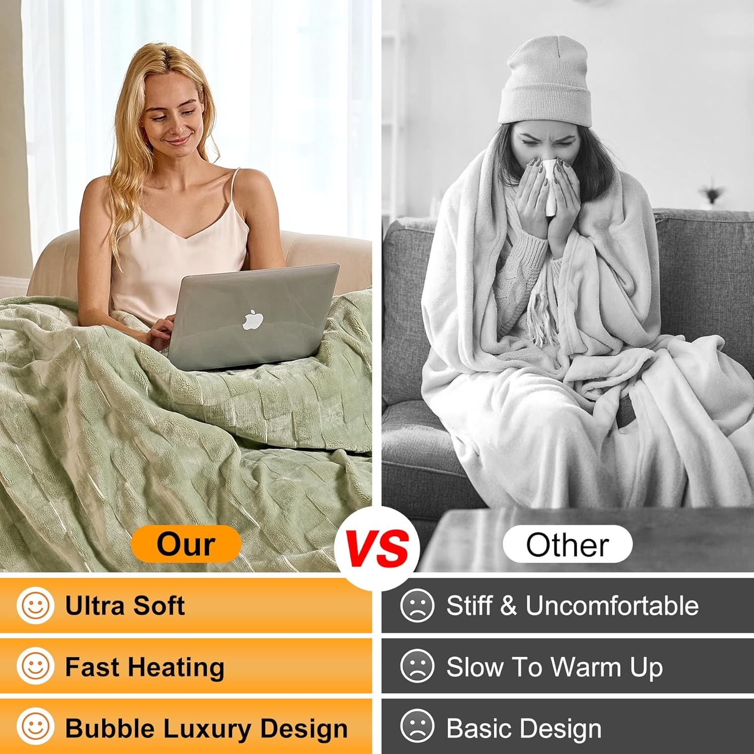 CozyHeats Electric Heated Blanket Throw, 6 Heat Levels 10-Hour Auto Off, Ultra-Soft Flannel Checkered Heating Pad for Couch & Bed, ETL Certified, 50"x60" (Sage Green)