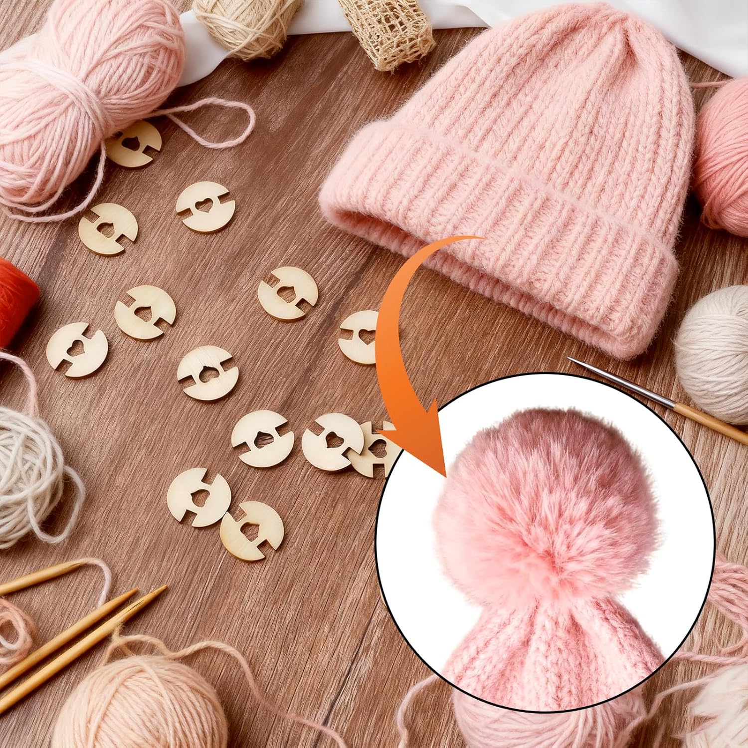 60 Pcs Wooden Pom Pom Buttons for Hats – 0.8" Removable Faux Fur Pom Pom Fasteners for Beanies & DIY Crafts
