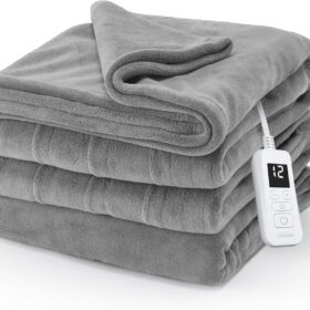 Sunbeam Royal Luxe Heated Blanket in Microplush | 12-Hour Auto-Off & 12 Heat Settings | Fast-Warming, Machine Washable Electric Throw for Full-Size Beds, Dove Gray