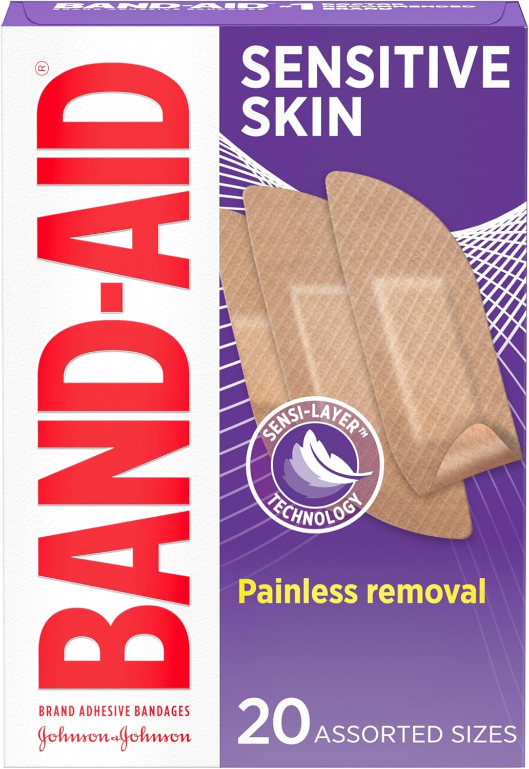Band-Aid Brand Hypoallergenic Adhesive Bandages for Sensitive Skin – Painless Removal, 100% Sterile, Wound Protection for Eczema Prone Skin, 20 Count (Assorted)