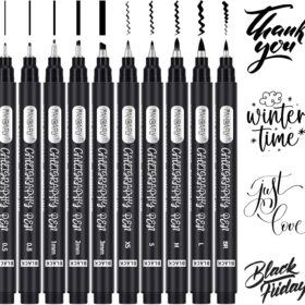 PANDAFLY 10-Piece Calligraphy Pen Set - Premium Black Ink Brush & Fine Tip Markers for Hand Lettering, Art Drawing, & Scrapbooking