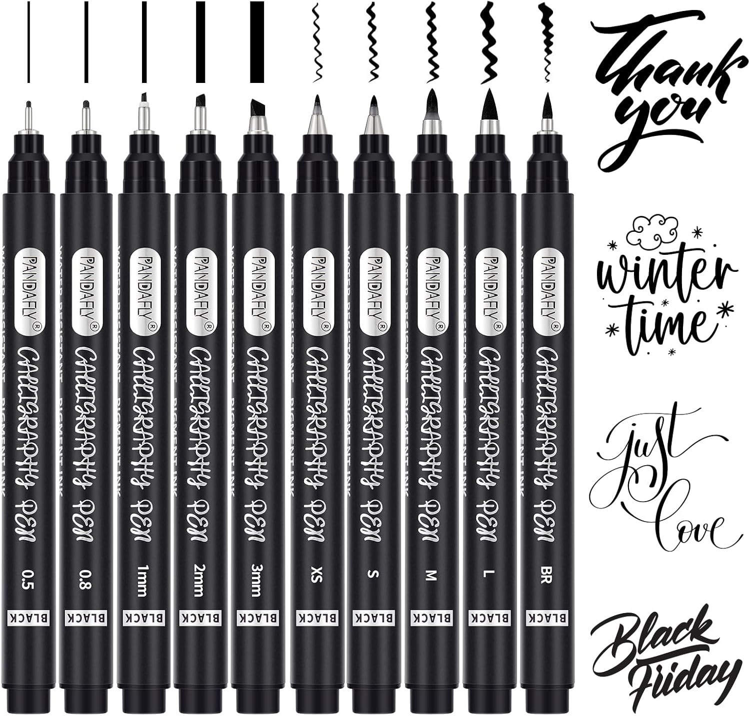 PANDAFLY 10-Piece Calligraphy Pen Set - Premium Black Ink Brush & Fine Tip Markers for Hand Lettering, Art Drawing, & Scrapbooking