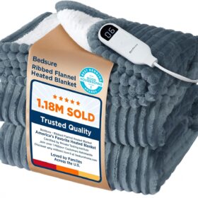 Bedsure GentleSoft Heated Blanket - 50"x60" Soft Ribbed Flannel Electric Throw with 6 Heat Levels, 4 Timer Settings & Auto Shut-Off, Machine Washable, Grey