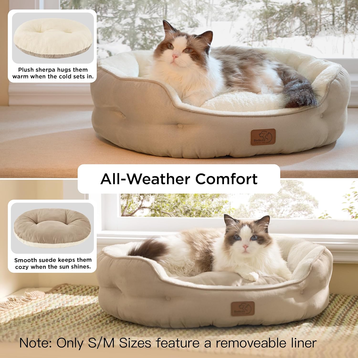 Bedsure Round Calming Dog Bed for Small Dogs & Cats - Plush Sherpa Cat Bed with Non-Slip Bottom, Machine Washable, 20", Camel