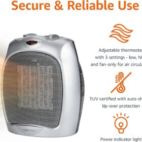 Amazon Basics 1500W Ceramic Space Heater – Portable Personal Heater with Adjustable Thermostat, Tip-Over & Overheat Protection, Silver