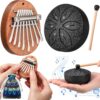 Portable Mini Instrument Gift Set – 8-Key Kalimba Thumb Piano & 6-Note Steel Tongue Drum with Stick (Black & Brown)