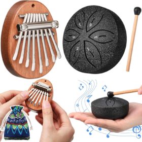 Portable Mini Instrument Gift Set – 8-Key Kalimba Thumb Piano & 6-Note Steel Tongue Drum with Stick (Black & Brown)