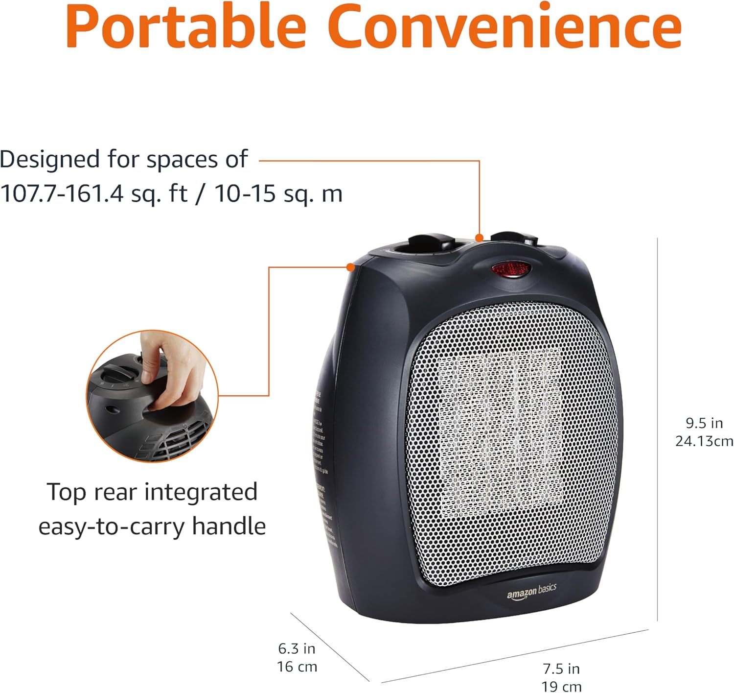 Amazon Basics Compact Ceramic Space Heater for Indoor Use, 1500W with Adjustable Thermostat, Tip-Over & Overheat Protection, for Office, Desk, and Small Rooms, Non-Oscillating, 7.52" D x 6.34" W x 9.45" H, Black