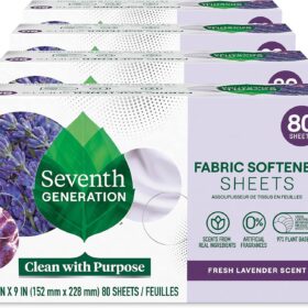 Seventh Generation Fabric Softener Dryer Sheets, Fresh Lavender Scent, 80 Sheets (Pack of 4) - 97% Plant-Based & 0% Synthetic Fragrances