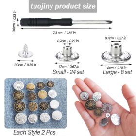 Jean Button Kit – 32-Piece No-Sew Metal Rivets, Screw Back Fasteners & Mini Screwdriver for Denim Repair (17mm & 20mm)