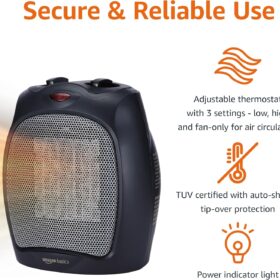 Amazon Basics Ceramic Space Heater, Compact & Powerful Personal Heater with Thermostat, Tip-Over & Overheat Protection, 1500W, Black