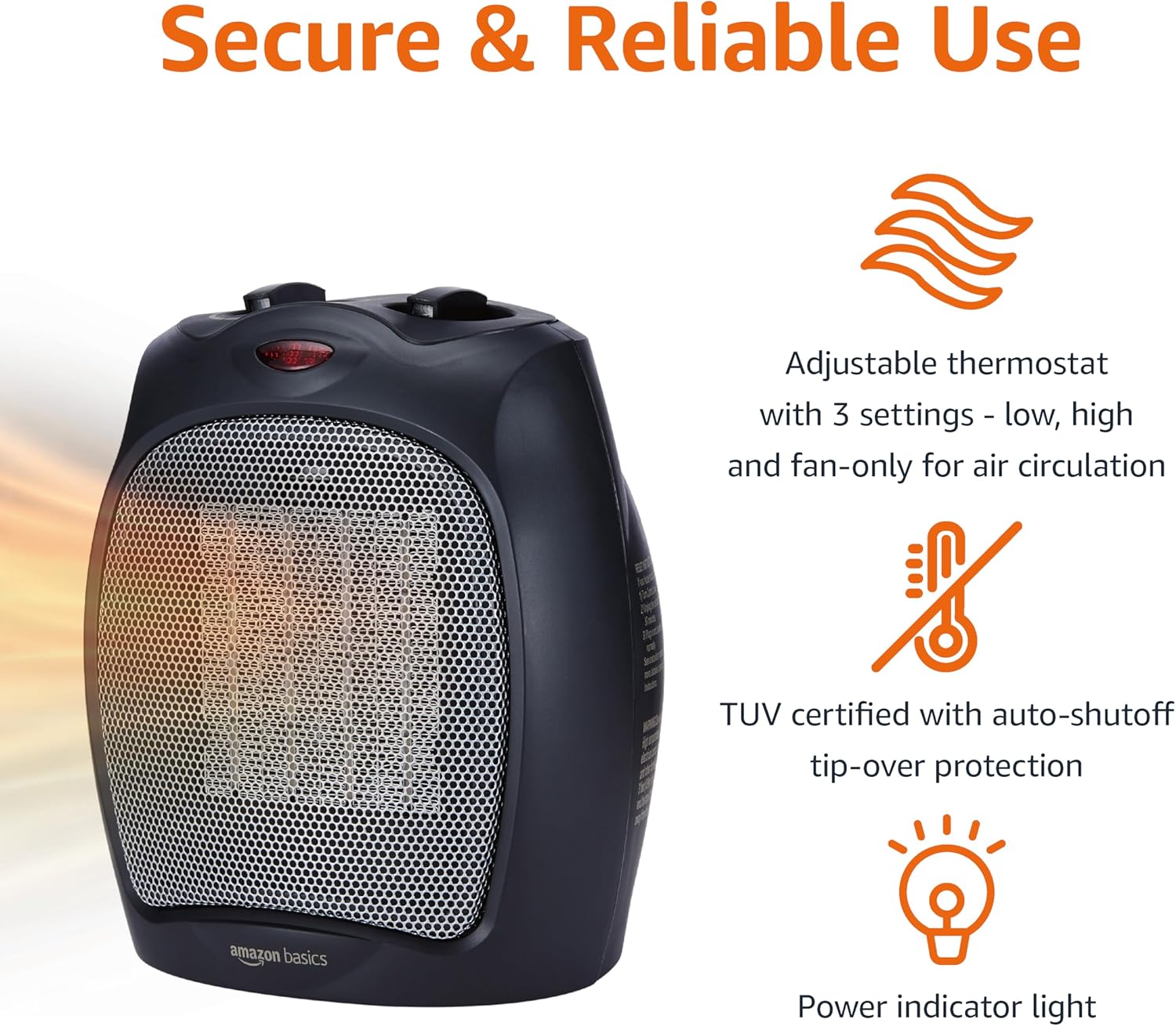 Amazon Basics Compact Ceramic Space Heater for Indoor Use, 1500W with Adjustable Thermostat, Tip-Over & Overheat Protection, for Office, Desk, and Small Rooms, Non-Oscillating, 7.52" D x 6.34" W x 9.45" H, Black