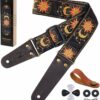Nefelibata Sun & Moon Embroidery Guitar Strap – Premium Cowhide Leather Ends with Locks, Picks, and Button – Fits Electric, Acoustic & Bass