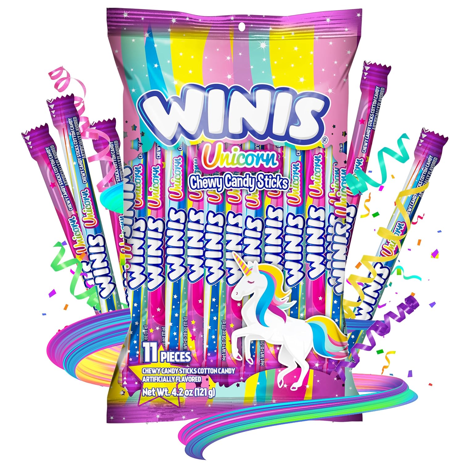 Winis Unicorn Chewy Candy Swirls - Cotton Candy Flavor Taffy - 4.3 Oz Bag (11 Count) - Soft Mexican Treats for Party Favors, Piñatas, and Snacking