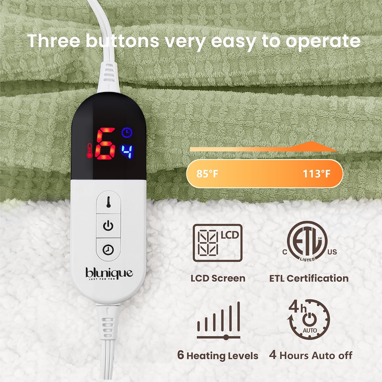 blunique Waffle Heated Blanket Electric Throw - Fast-Heat 50x60 Sherpa Fleece with 6 Heat Settings, 4-Hour Auto Off & ETL Certified Safety (Sage)