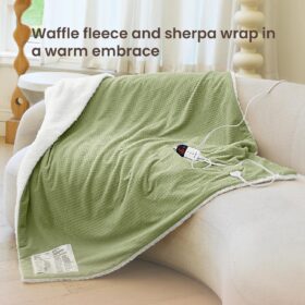 blunique Waffle Heated Blanket Electric Throw - Fast-Heat 50x60 Sherpa Fleece with 6 Heat Settings, 4-Hour Auto Off & ETL Certified Safety (Sage)