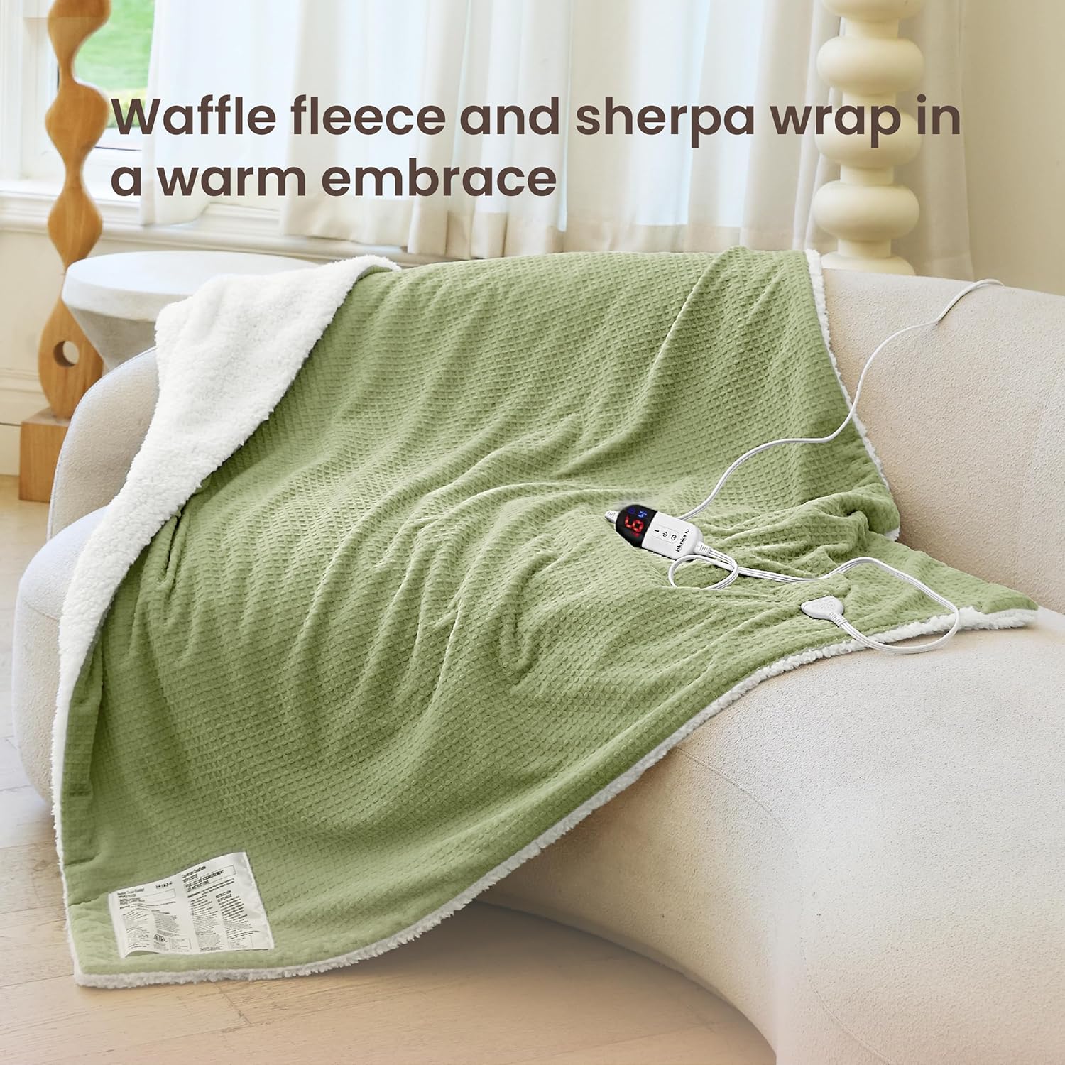 blunique Waffle Heated Blanket Electric Throw - Fast-Heat 50x60 Sherpa Fleece with 6 Heat Settings, 4-Hour Auto Off & ETL Certified Safety (Sage)