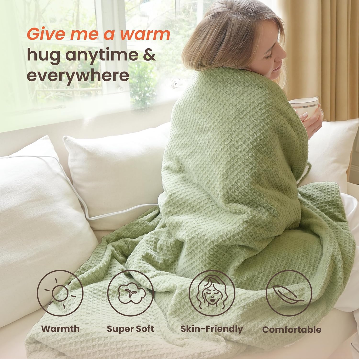 blunique Waffle Heated Blanket Electric Throw - Fast-Heat 50x60 Sherpa Fleece with 6 Heat Settings, 4-Hour Auto Off & ETL Certified Safety (Sage)