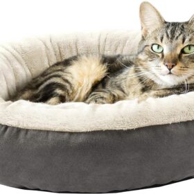 Love's Cabin Calming Donut Cat & Dog Bed - 20 Inch Round Plush Cuddler, Anti-Slip & Water-Resistant Bottom, Machine Washable Small Pet Bed for Puppies & Kittens (Premium Gray)